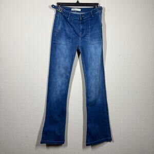 Zara Basic Z1975 Size 6 Bootcut Denim Jeans Blue Washed Buckle Mid Rise Pockets